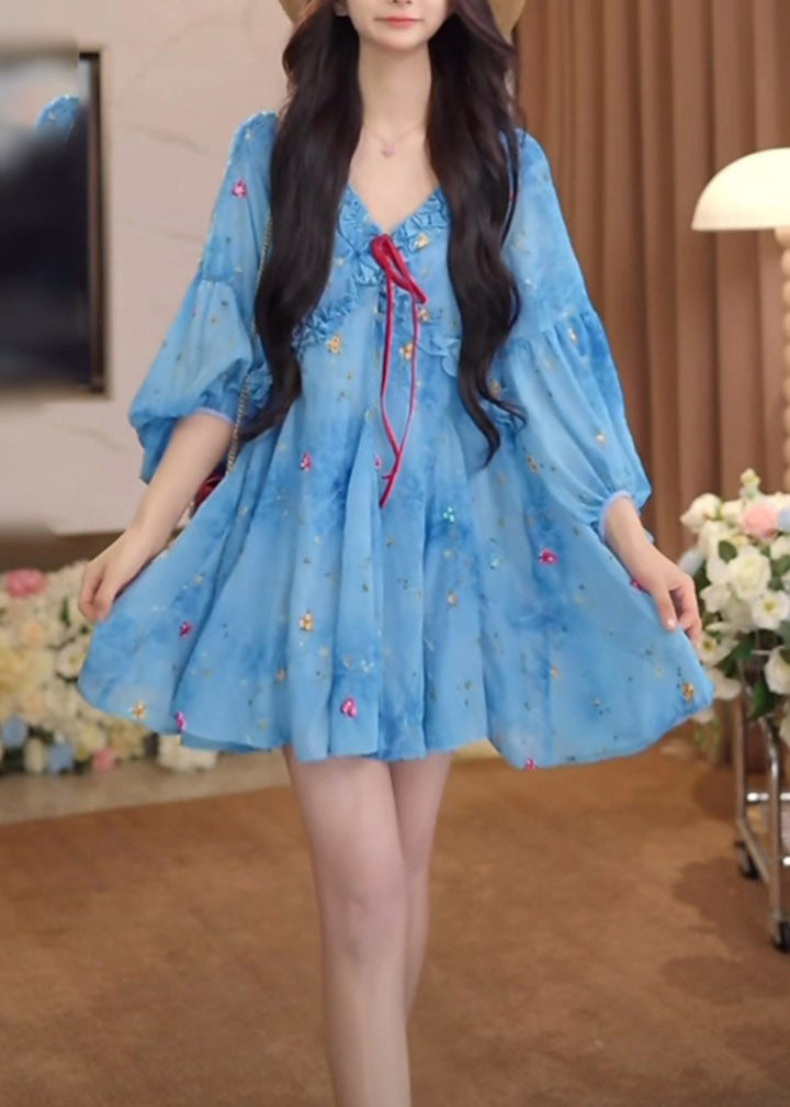 Puff Sleeve Dresses French Blue Chiffon Ruffled Print
