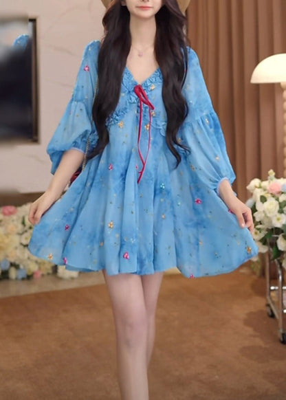 Puff Sleeve Dresses French Blue Chiffon Ruffled Print