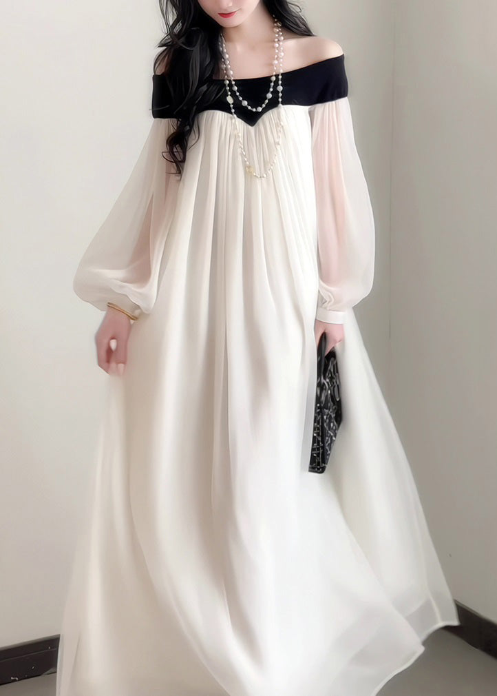 French Elegant Slash Dress Chiffon Neck Sleeves Lantern