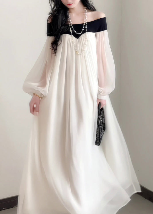 French Elegant Slash Dress Chiffon Neck Sleeves Lantern
