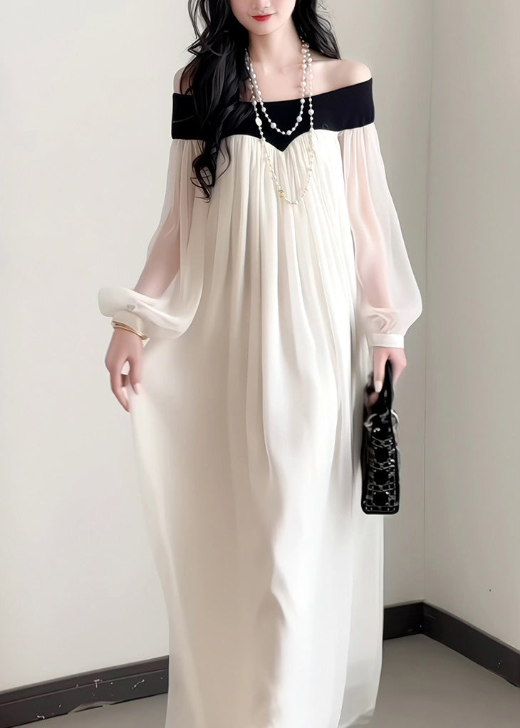 French Elegant Slash Dress Chiffon Neck Sleeves Lantern