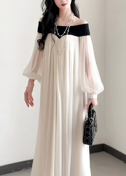 French Elegant Slash Dress Chiffon Neck Sleeves Lantern
