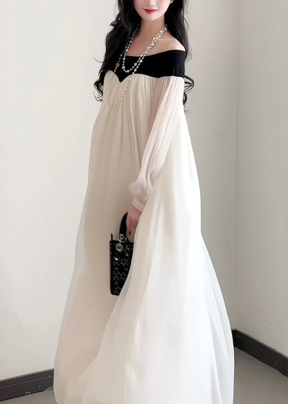 French Elegant Slash Dress Chiffon Neck Sleeves Lantern