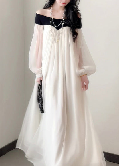 French Elegant Slash Dress Chiffon Neck Sleeves Lantern