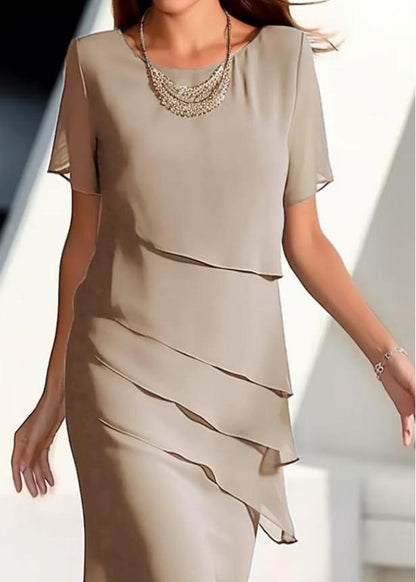 Chiffon Solid O-Neck Khaki Dresses Layered Maxi French Short