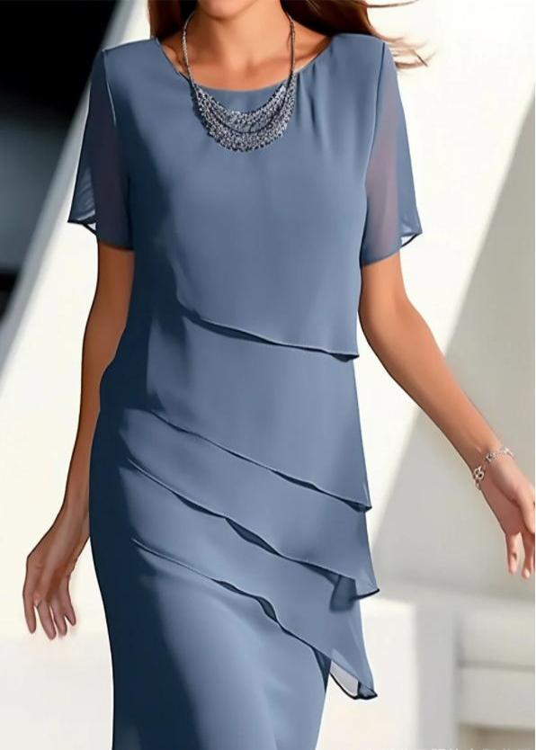 Chiffon Solid O-Neck Khaki Dresses Layered Maxi French Short