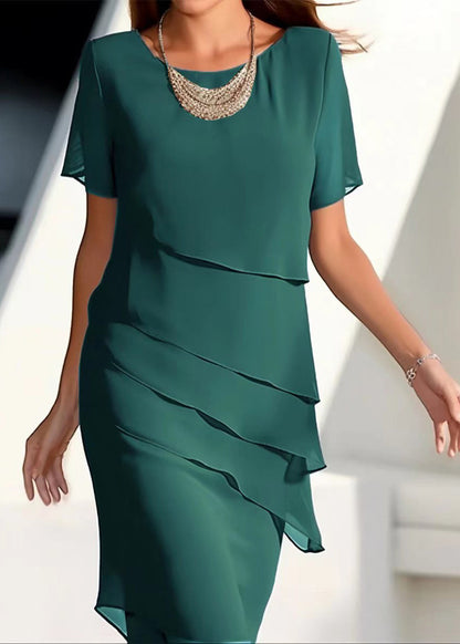 Chiffon Solid O-Neck Khaki Dresses Layered Maxi French Short