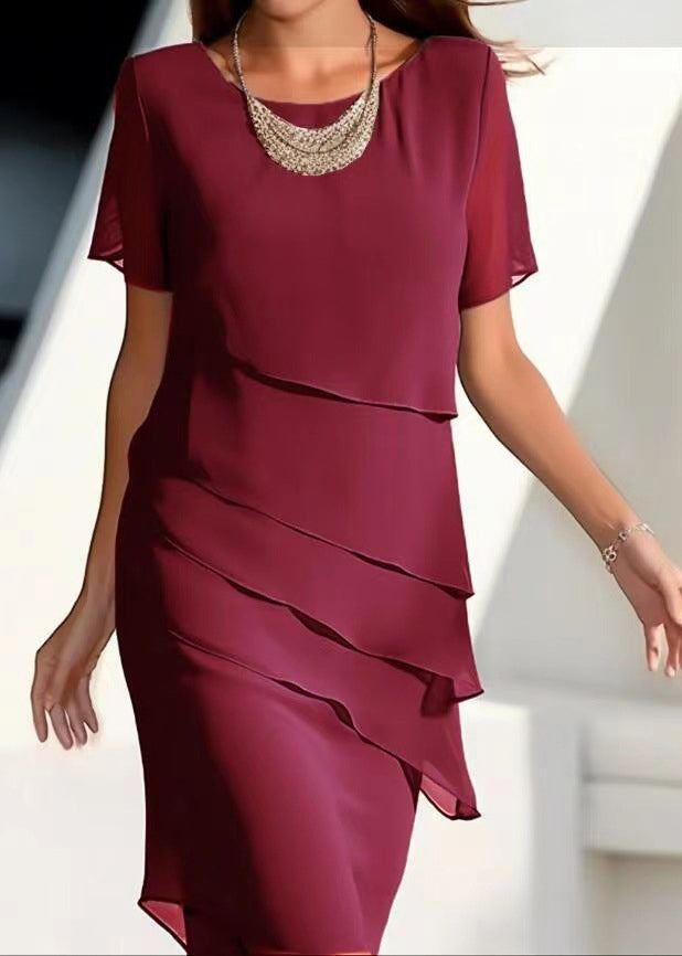 Chiffon Solid O-Neck Khaki Dresses Layered Maxi French Short