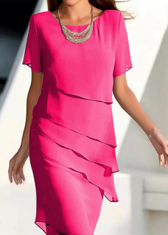 Chiffon Solid O-Neck Khaki Dresses Layered Maxi French Short