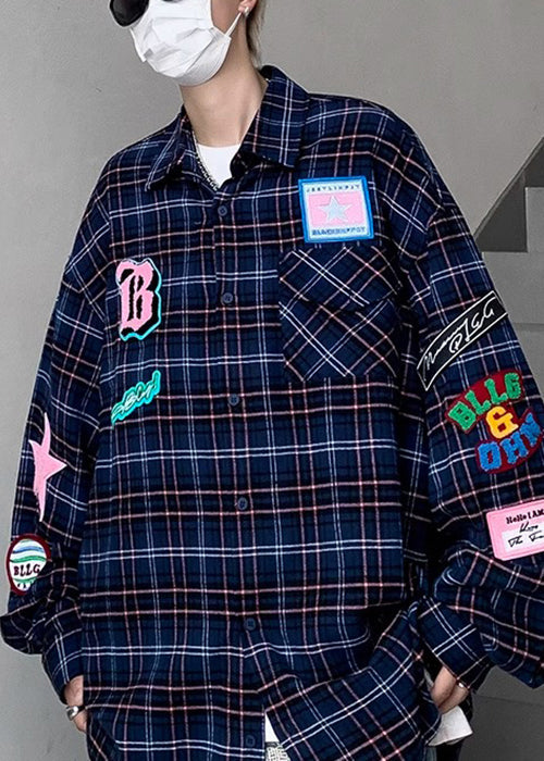 Men Plaid French Spring Navy Cotton Shirt Pockets