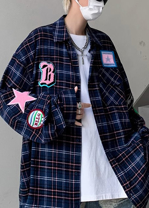 Men Plaid French Spring Navy Cotton Shirt Pockets