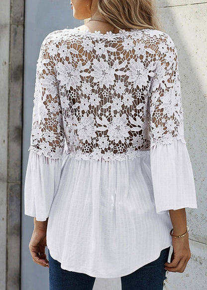 French Shirts Flare Lace Sleeve White Patchwork