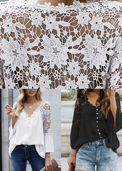French Shirts Flare Lace Sleeve White Patchwork