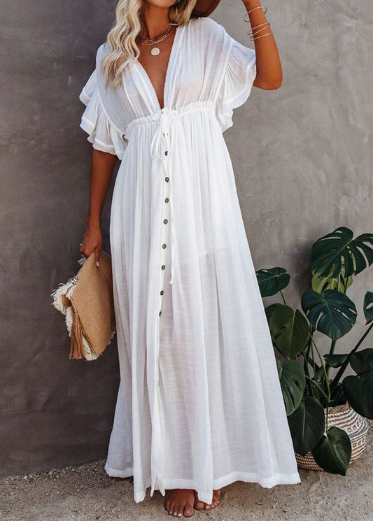 White Button Dress French Short Neck Sleeve V Maxi