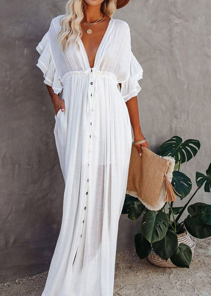 White Button Dress French Short Neck Sleeve V Maxi