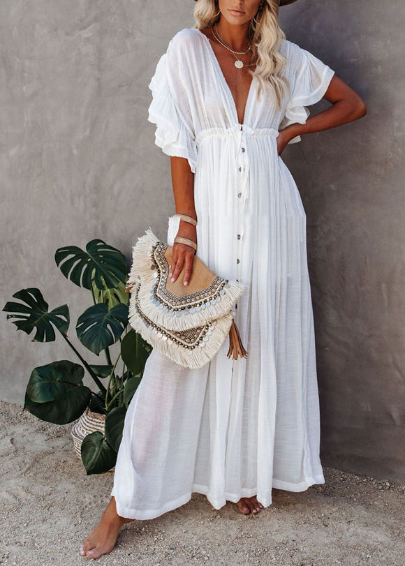 White Button Dress French Short Neck Sleeve V Maxi