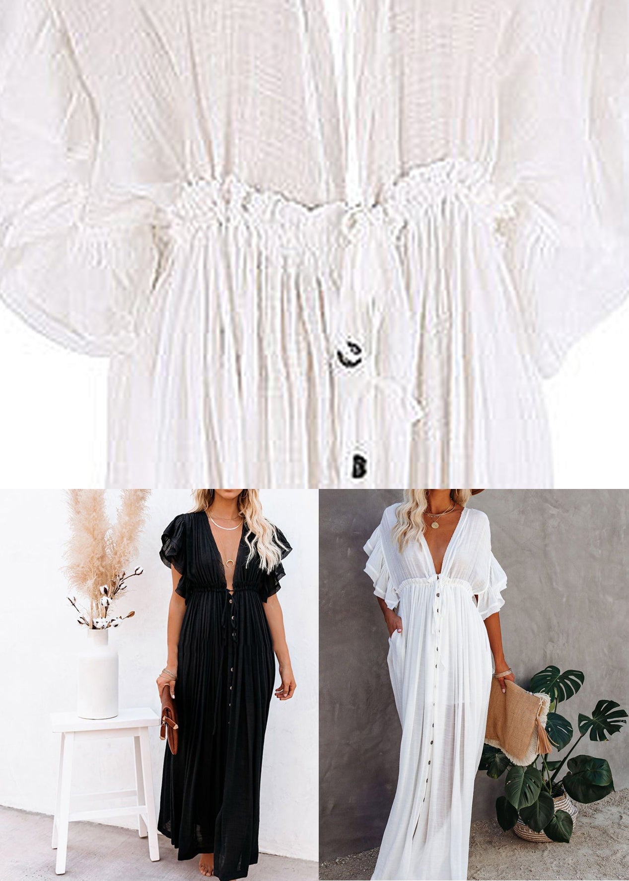 White Button Dress French Short Neck Sleeve V Maxi