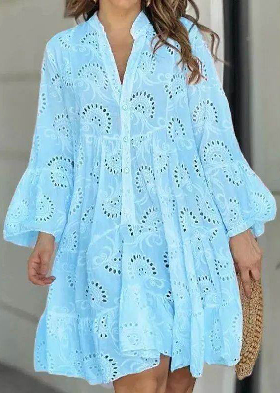 Out Hollow Dress White V French Holiday Fall Long Neck Lace