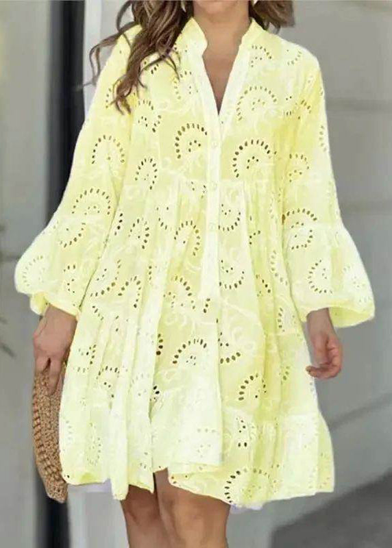 Out Hollow Dress White V French Holiday Fall Long Neck Lace