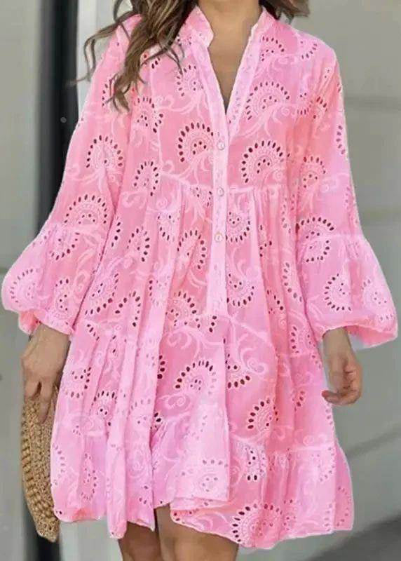 Out Hollow Dress White V French Holiday Fall Long Neck Lace