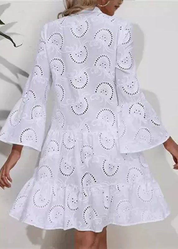 Out Hollow Dress White V French Holiday Fall Long Neck Lace