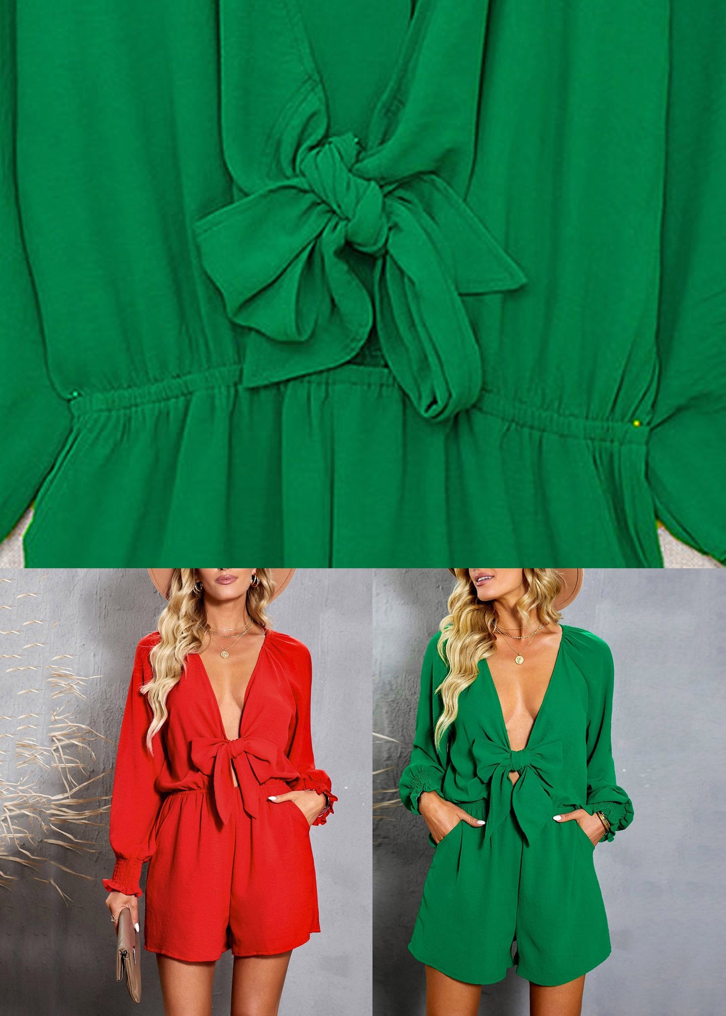 Pockets Elastic Green Waist Bow Sleeve Lantern Jumpsuit