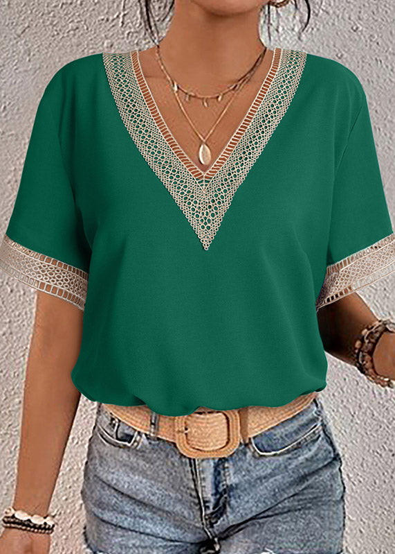 Tops V Hollow Out Sleeve Neck Short Green