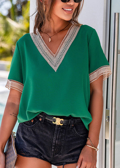 Tops V Hollow Out Sleeve Neck Short Green