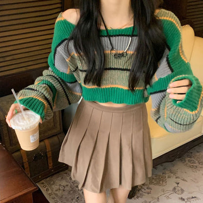 Green Striped Crop Sweater