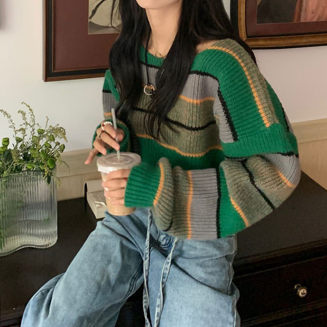 Green Stripe Crop Sweater