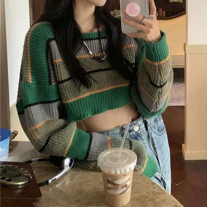 Green Striped Crop Sweater