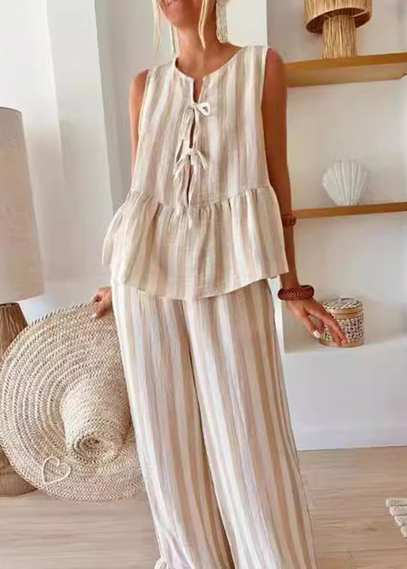 Handmade Striped Wide Set Summer And Two Leg Pants Camel O-Neck Pieces Top