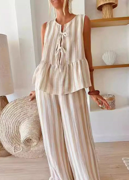 Handmade Striped Wide Set Summer And Two Leg Pants Camel O-Neck Pieces Top