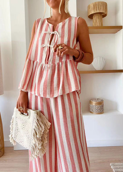 Handmade Striped Wide Set Summer And Two Leg Pants Camel O-Neck Pieces Top