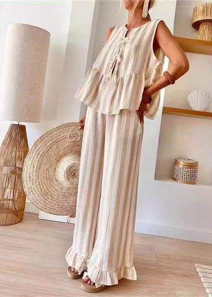 Handmade Striped Wide Set Summer And Two Leg Pants Camel O-Neck Pieces Top