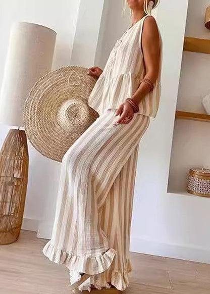 Handmade Striped Wide Set Summer And Two Leg Pants Camel O-Neck Pieces Top