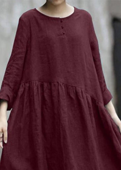 Dresses Handmade Patchwork Robe Pockets Fall Red O-Neck