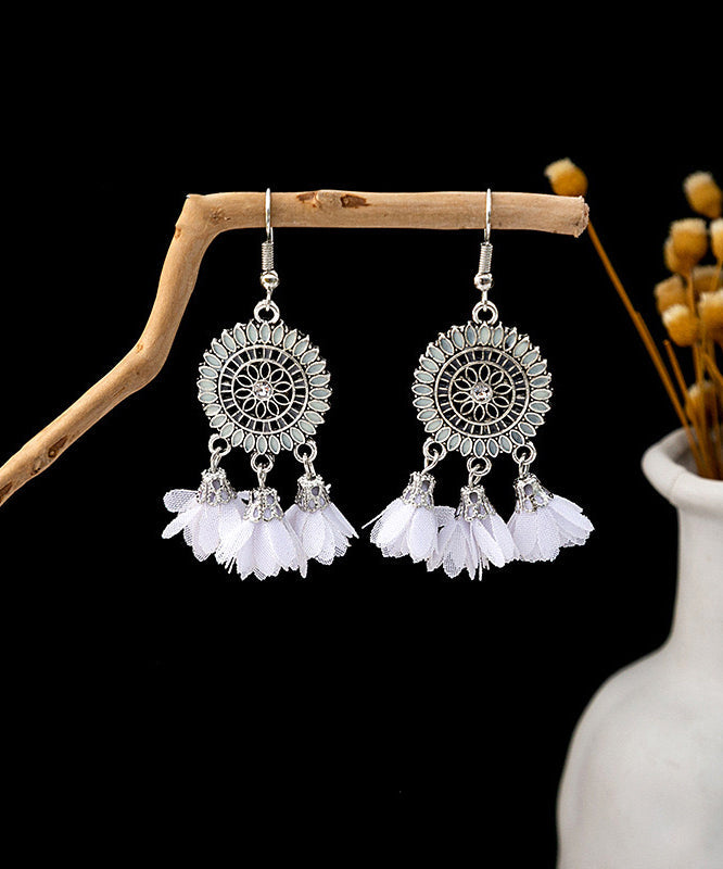 Earrings Zircon White Drop Floral Tassel Handmade Sterling Silver Chiffon