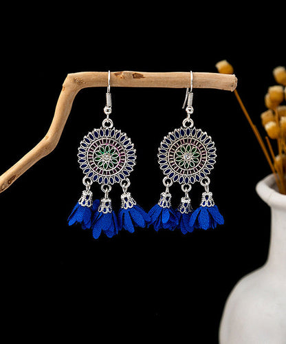 Earrings Zircon White Drop Floral Tassel Handmade Sterling Silver Chiffon