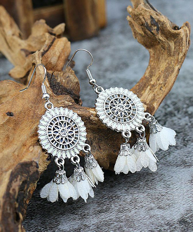 Earrings Zircon White Drop Floral Tassel Handmade Sterling Silver Chiffon