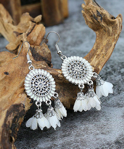Earrings Zircon White Drop Floral Tassel Handmade Sterling Silver Chiffon