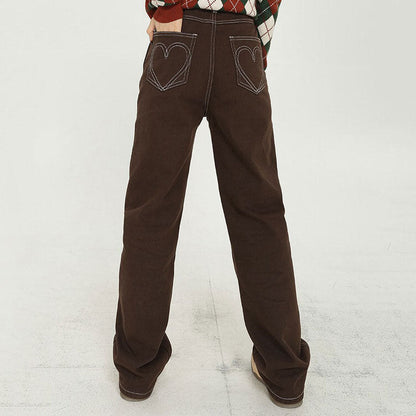 Heart Embroidery Brown Wide Jeans