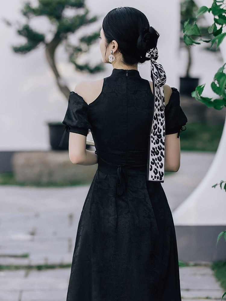 Chic Textured Puffy Sleeve Cheongsam