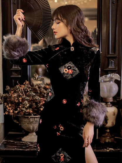 Black Fur Sleeve Long Cheongsam