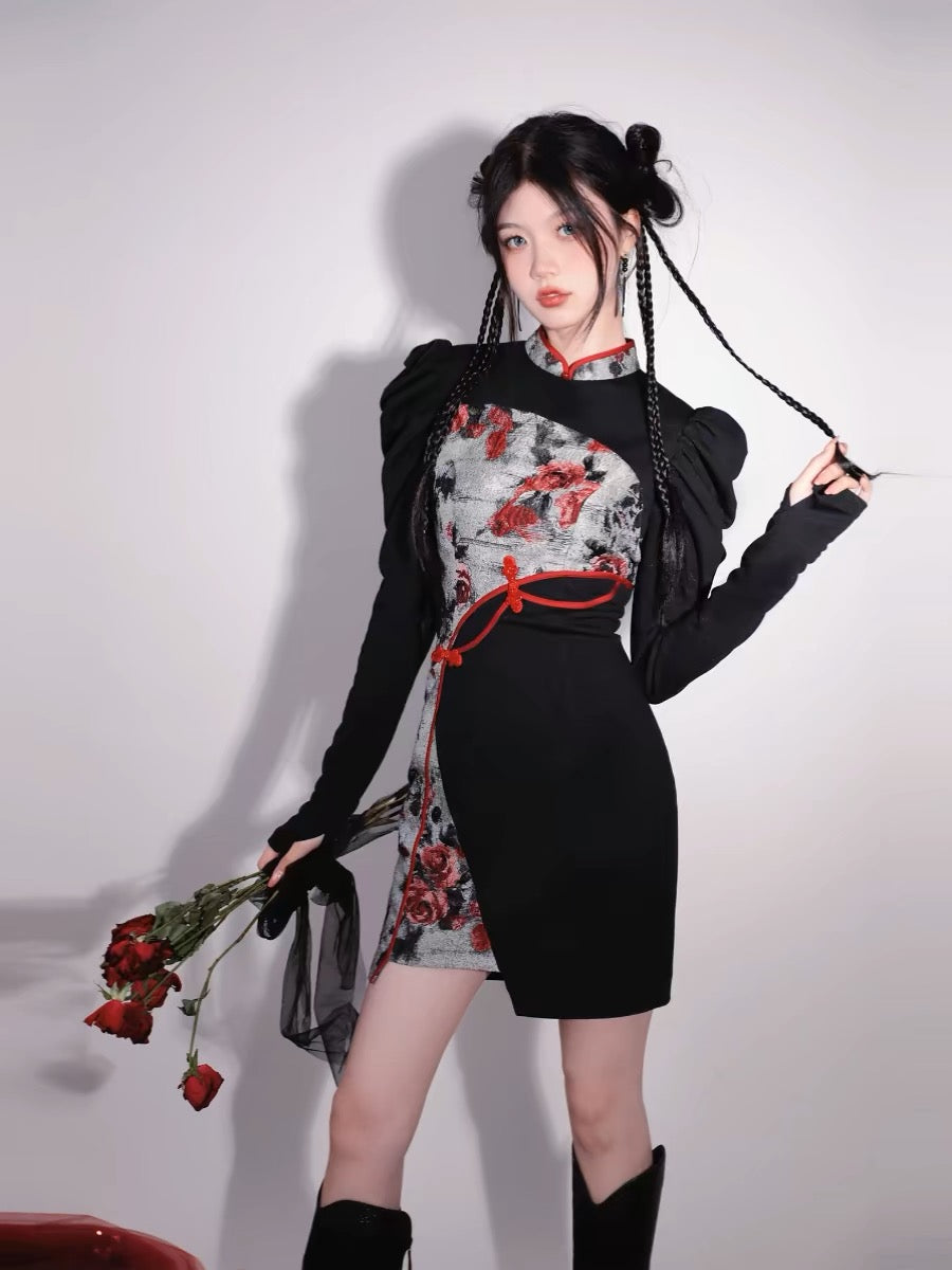 Red Flowers Puff Sleeve Short Cheongsam