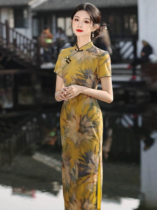 Sunflower Short Sleeve Long Cheongsam