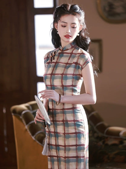 Vintage Checker Patterned Cheongsam