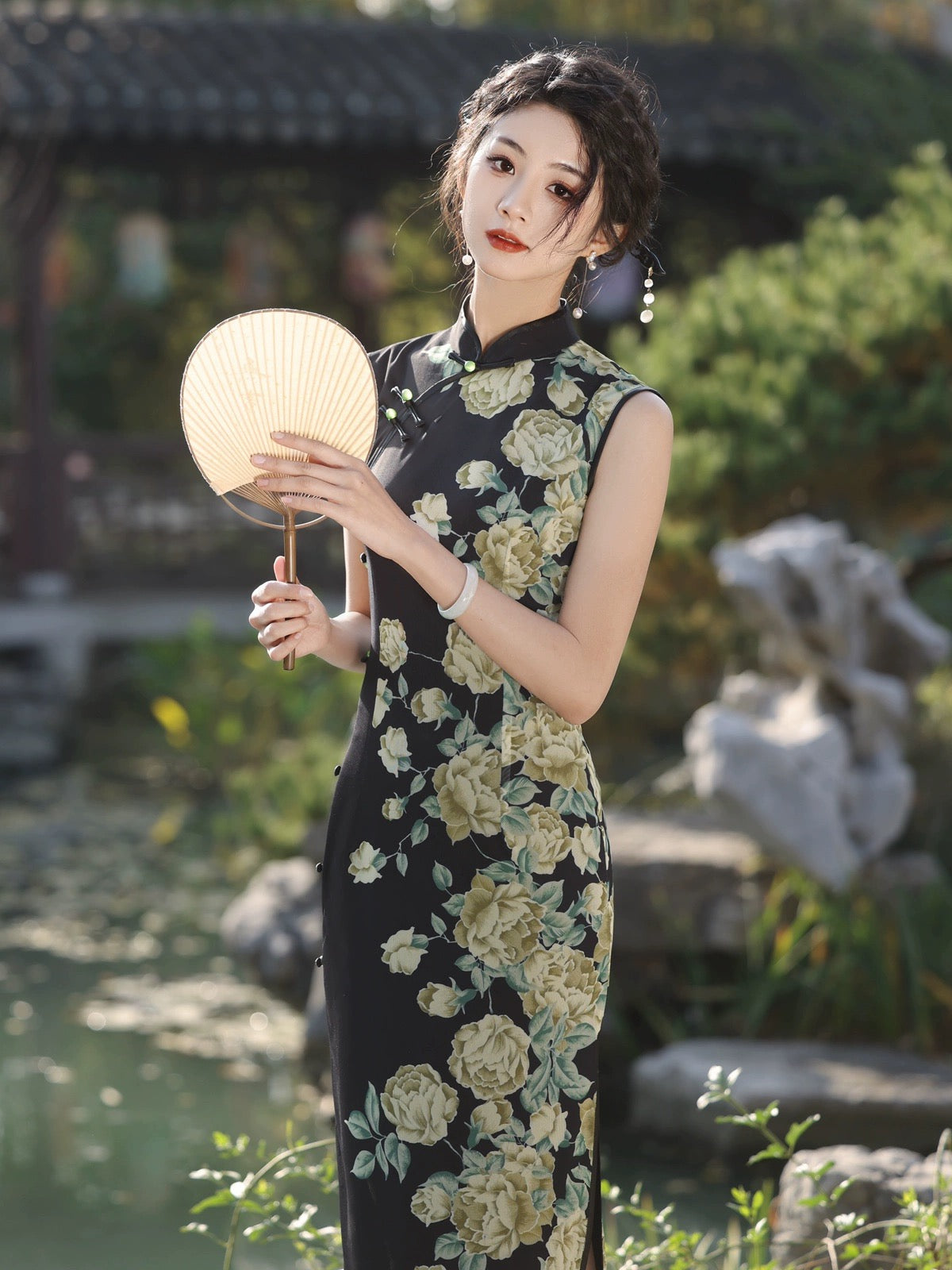 Black with Green Flowers Cheongsam