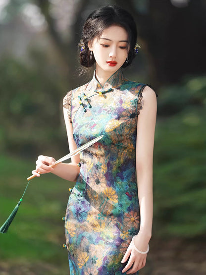 Retro Floral Sleeveless Long Cheongsam