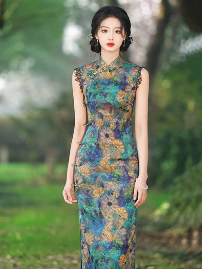 Retro Floral Sleeveless Long Cheongsam